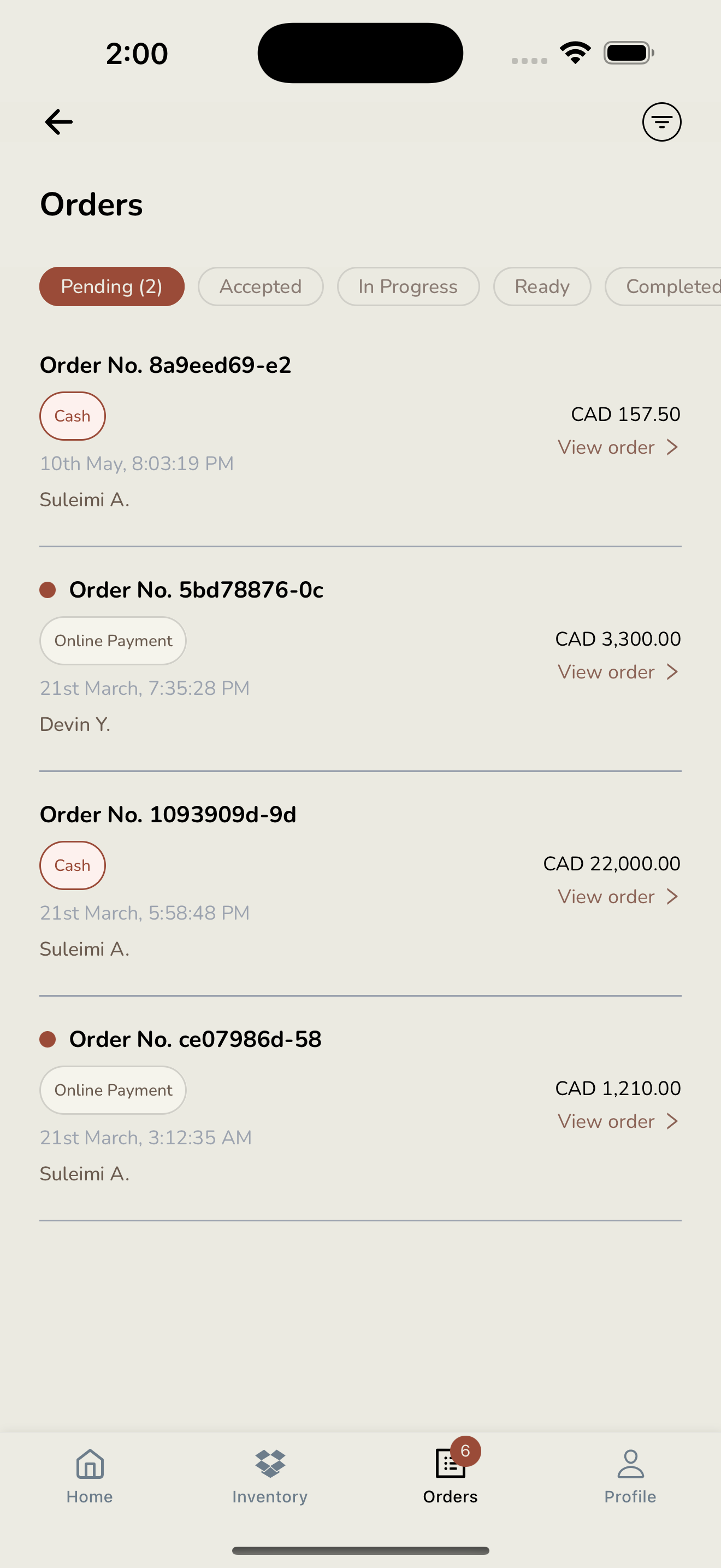 TOQU Vendor - manage orders
